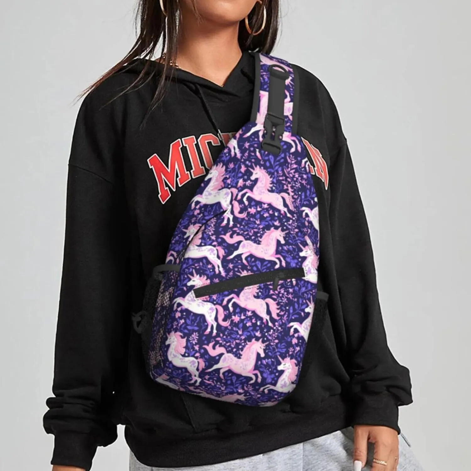 Pink Unicorn, Purple Leaves Sling Bag For Women Crossbody Shoulder Bag Casual Daypack Backpacks Men Chest Bag Gym Cycling Travel Hiking