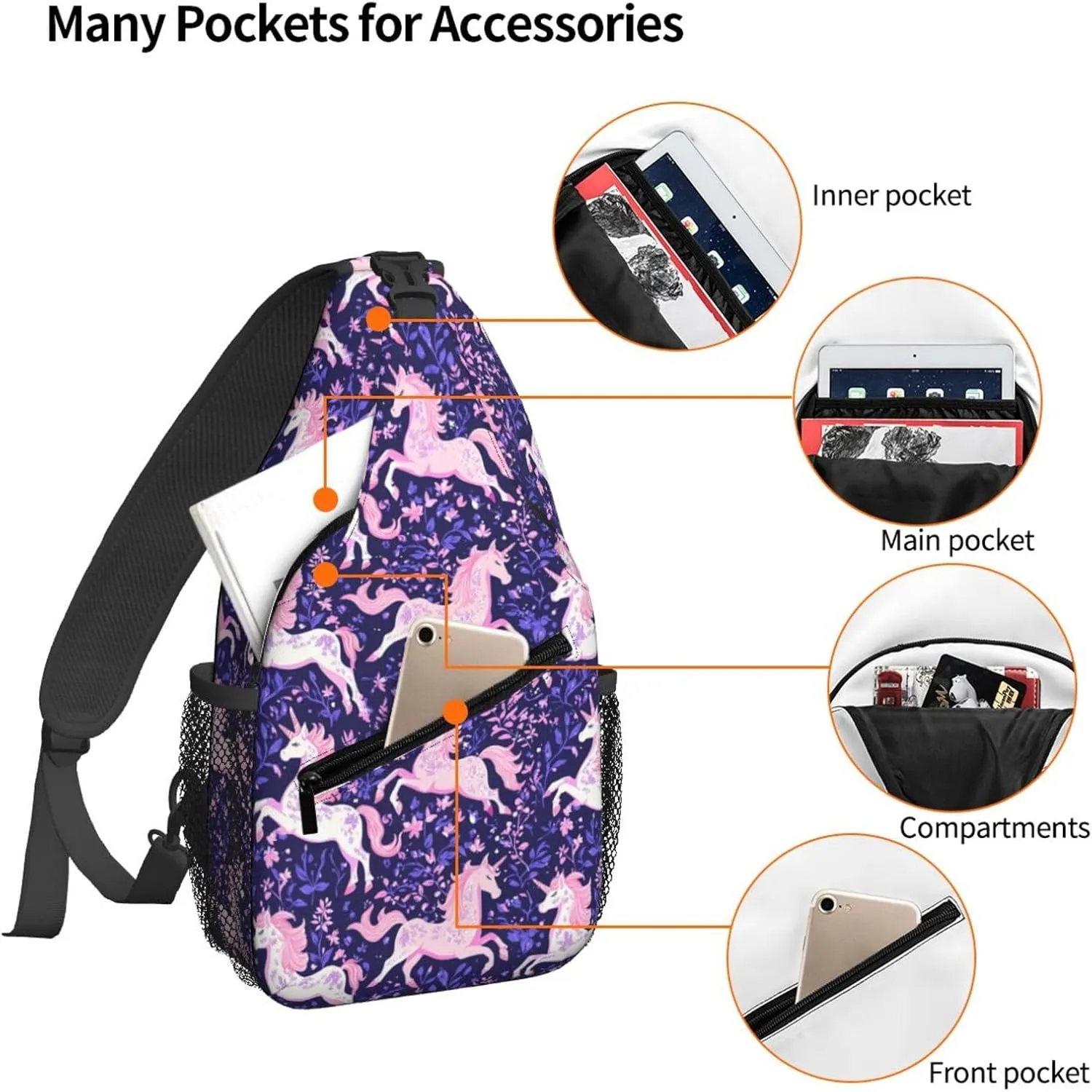 Pink Unicorn, Purple Leaves Sling Bag For Women Crossbody Shoulder Bag Casual Daypack Backpacks Men Chest Bag Gym Cycling Travel Hiking