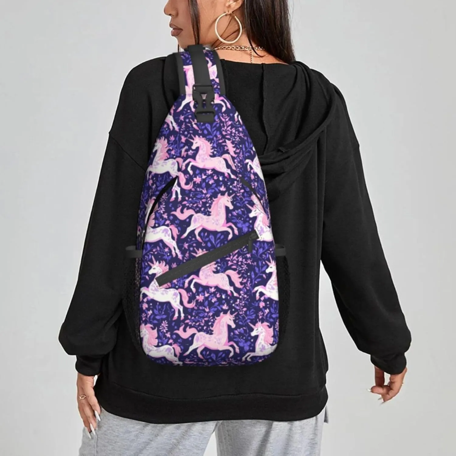 Pink Unicorn, Purple Leaves Sling Bag For Women Crossbody Shoulder Bag Casual Daypack Backpacks Men Chest Bag Gym Cycling Travel Hiking