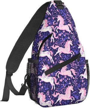 Pink Unicorn, Purple Leaves Sling Bag For Women Crossbody Shoulder Bag Casual Daypack Backpacks Men Chest Bag Gym Cycling Travel Hiking