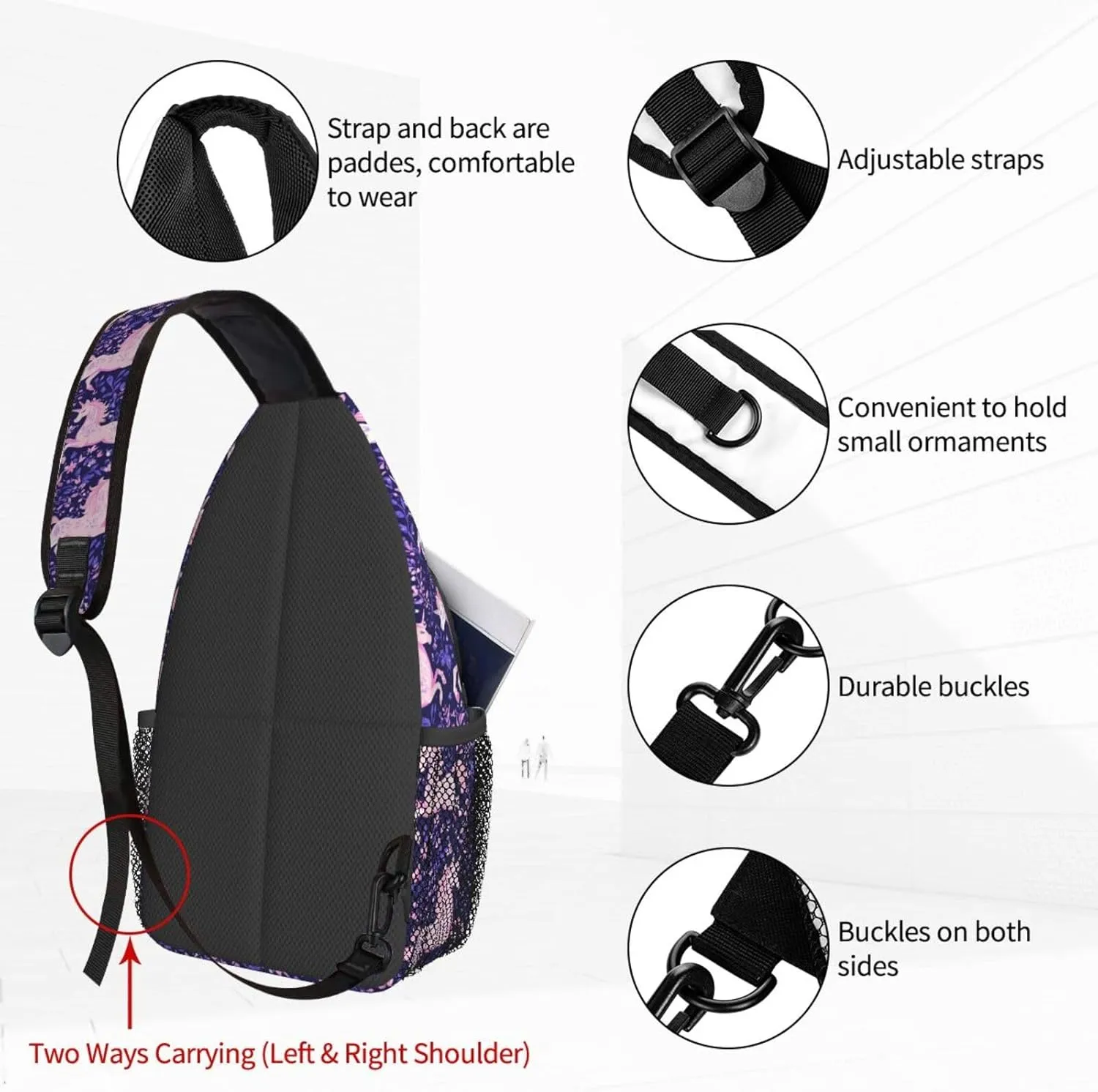 Pink Unicorn, Purple Leaves Sling Bag For Women Crossbody Shoulder Bag Casual Daypack Backpacks Men Chest Bag Gym Cycling Travel Hiking