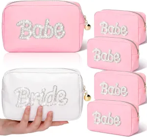 Pinkunn 6 Pcs Bridesmaids Cosmetic Bag Rhinestone Chenille Letter Rose Gold Bride Makeup Bag Proposal Gift Wedding Bridal Shower for Bridesmaid Proposal Box Bachelorette Party Favor(Pearl Letter)