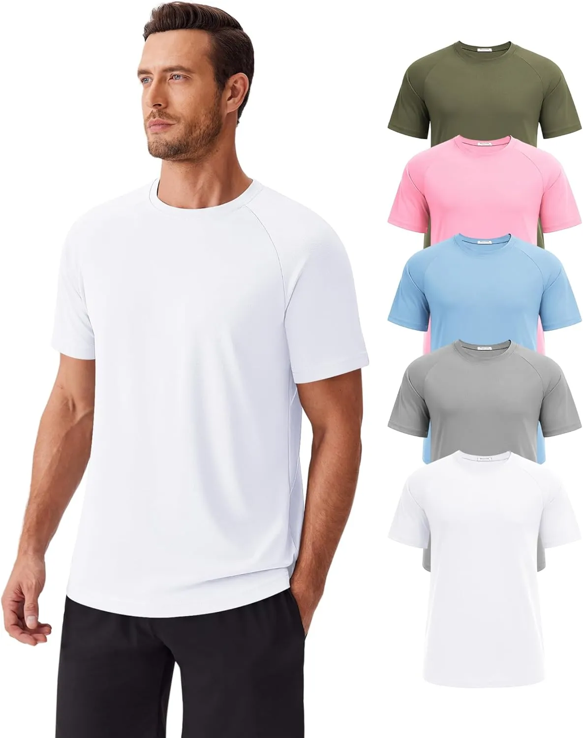 PINSPARK 5 Pack Gym Workout Shirts for Men Short Sleeve Moisture Wicking Athletic Tshirts Multipack Plain Crewneck Tees Shirt