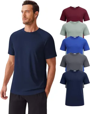 PINSPARK 5 Pack Gym Workout Shirts for Men Short Sleeve Moisture Wicking Athletic Tshirts Multipack Plain Crewneck Tees Shirt