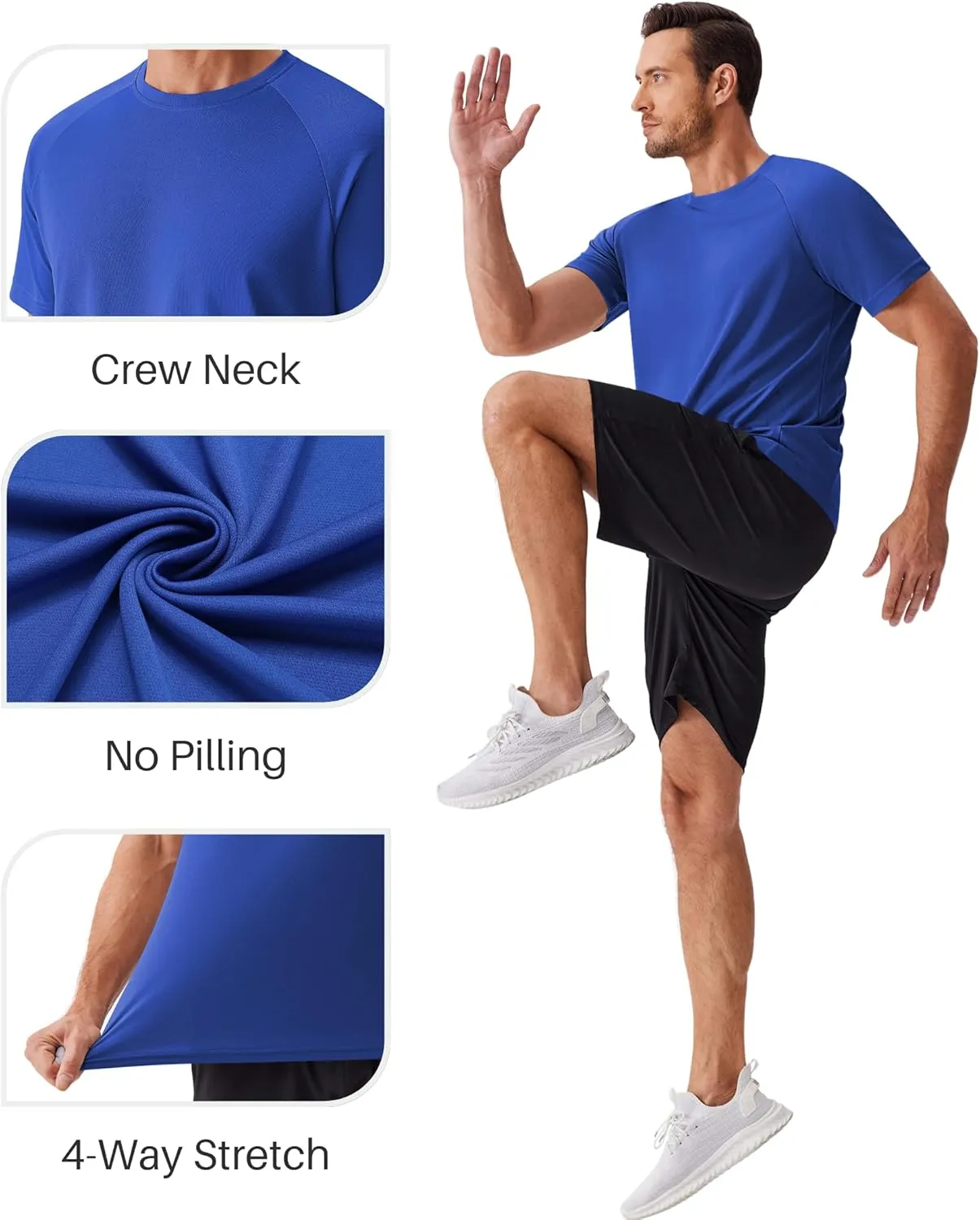 PINSPARK 5 Pack Gym Workout Shirts for Men Short Sleeve Moisture Wicking Athletic Tshirts Multipack Plain Crewneck Tees Shirt