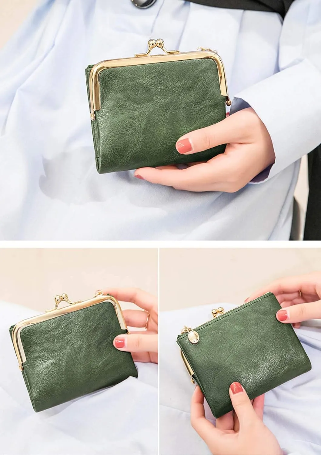PofeeXIO Womens Wallet RFID Small Compact Bifold Leather Vintage Wallet,Ladies Coin Purse with Zipper and Kiss Lock