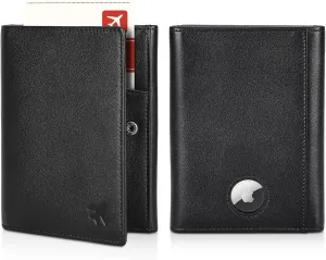 Polare Napa Leather Pilot Wallet Passport Holder RFID Blocking Tri-fold Travel Cover Document Organizer for Aviation Professionals (Black with AirTag Slot)