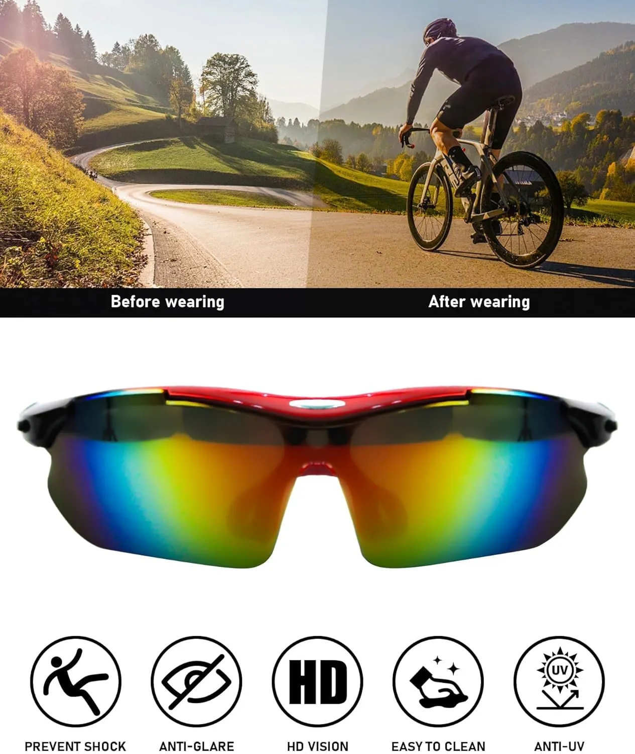 Polarized Cycling Sunglasses for Men Women, 5 Lenses UV Protection Anti-Glare Glasses for Sports, Baseball, Running