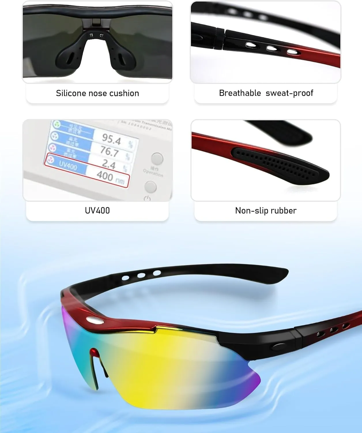 Polarized Cycling Sunglasses for Men Women, 5 Lenses UV Protection Anti-Glare Glasses for Sports, Baseball, Running