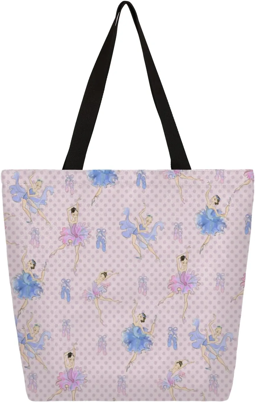 Polka Dot Ballet Large Capacity Canvas Tote Bag Stylish Handheld Shoulder Bag Reusable Shopping Bag for Work Travel Beach Trips Shopping