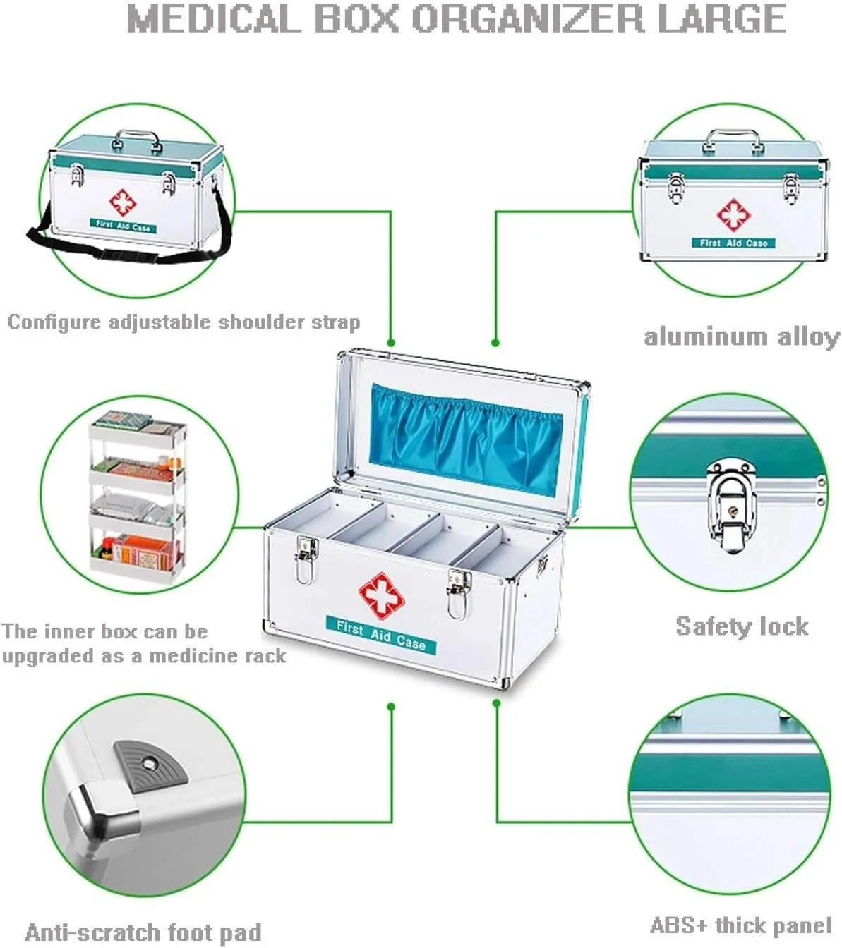 Portable Aluminum Alloy First Aid Box, Large Capacity Medicine Chest with Shoulder Strap for Home, Car, Travel, Camping, Office - Waterproof & Secure(35x20x22cm)