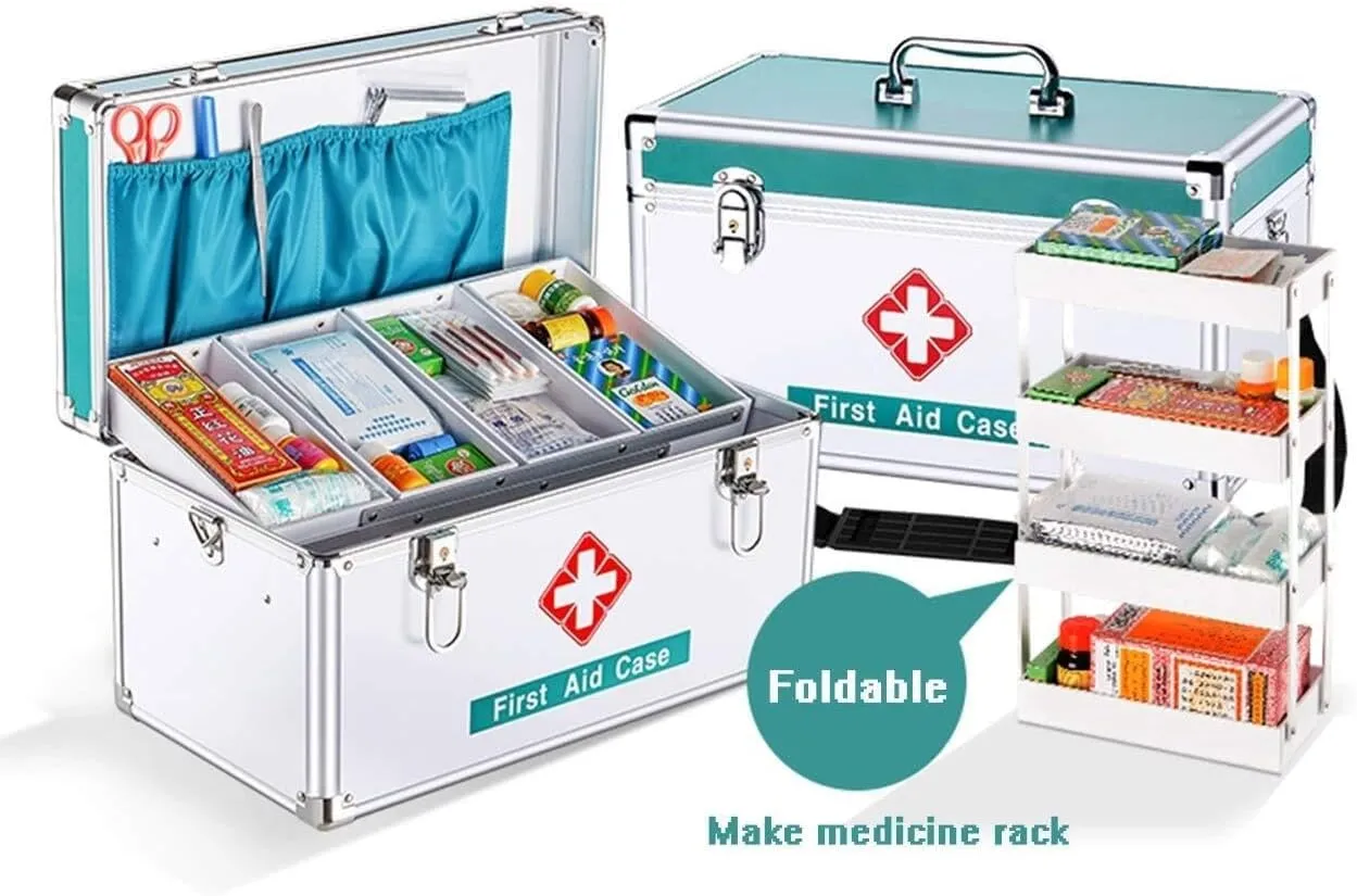 Portable Aluminum Alloy First Aid Box, Large Capacity Medicine Chest with Shoulder Strap for Home, Car, Travel, Camping, Office - Waterproof & Secure(35x20x22cm)