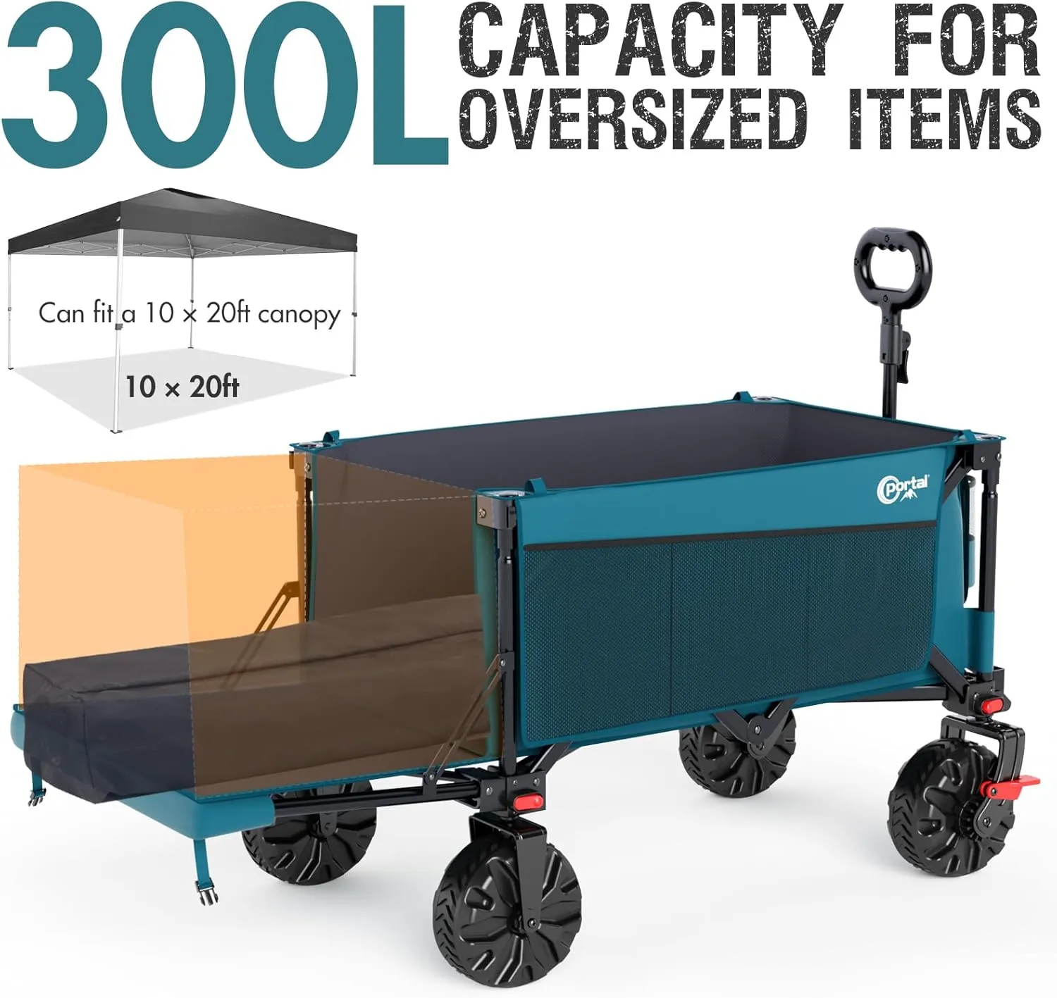 PORTAL 300L Large Capacity Foldable Wagon with Tailgate, 325LB Heavy-Duty Collapsible Utility Cart, All-Terrain Wheels & Brakes, Oversized Garden Wagon for Camping, Groceries, Sports, and Pets