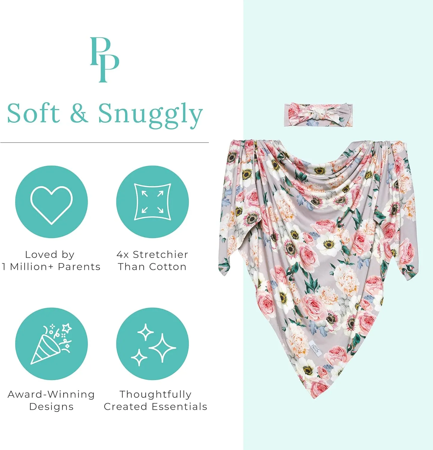 Posh Peanut Swaddle Blanket & Headband Set – Viscose from Bamboo Stretchy Baby Swaddle for Newborn Girls, Receiving Blanket or Nursing Cover