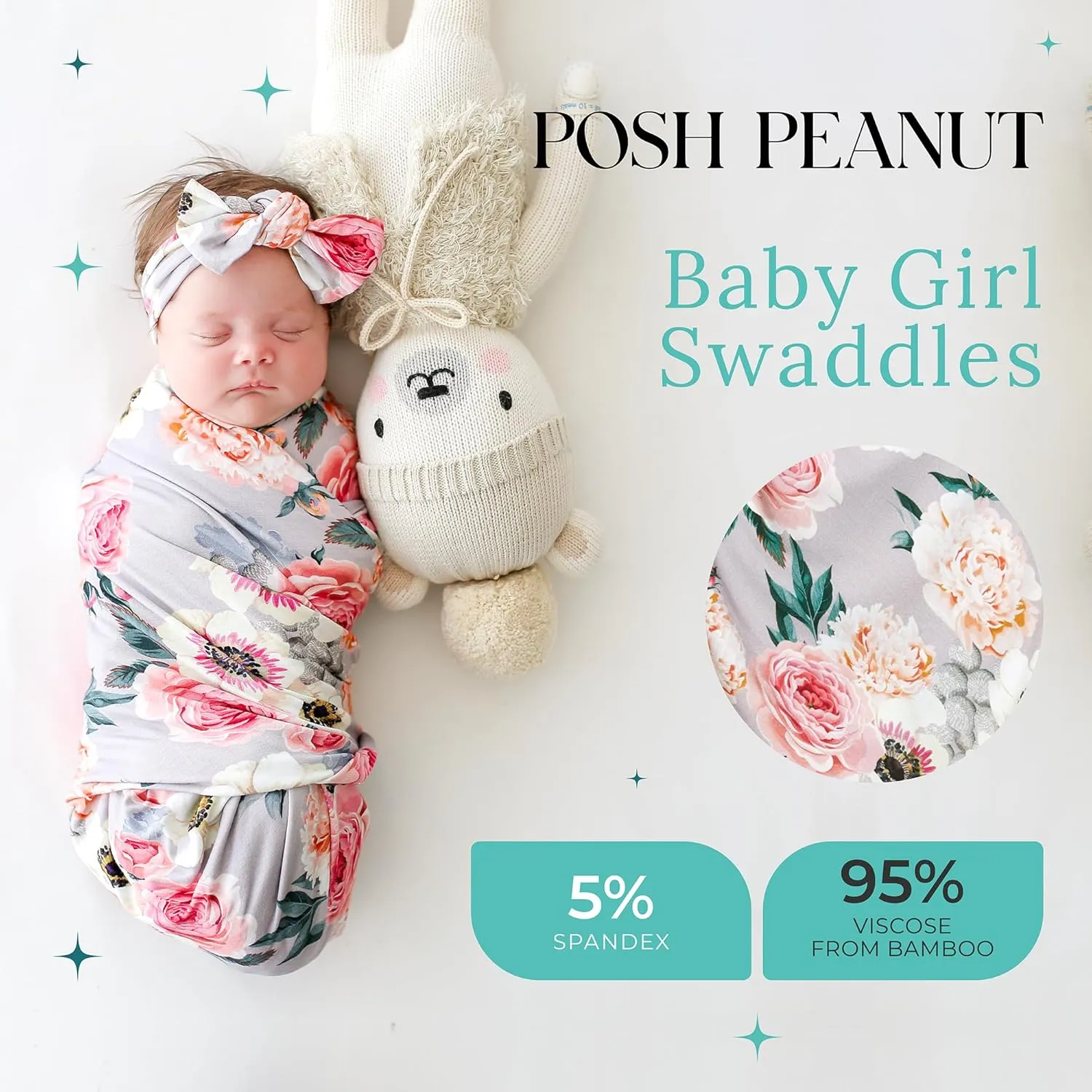 Posh Peanut Swaddle Blanket & Headband Set – Viscose from Bamboo Stretchy Baby Swaddle for Newborn Girls, Receiving Blanket or Nursing Cover