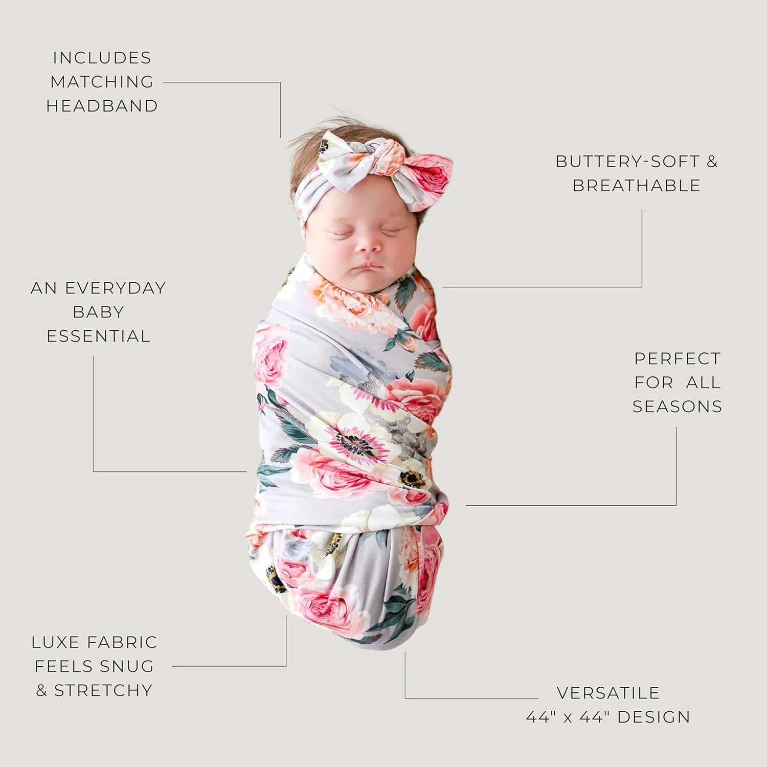 Posh Peanut Swaddle Blanket & Headband Set – Viscose from Bamboo Stretchy Baby Swaddle for Newborn Girls, Receiving Blanket or Nursing Cover