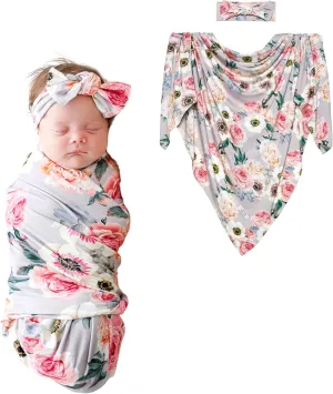 Posh Peanut Swaddle Blanket & Headband Set – Viscose from Bamboo Stretchy Baby Swaddle for Newborn Girls, Receiving Blanket or Nursing Cover