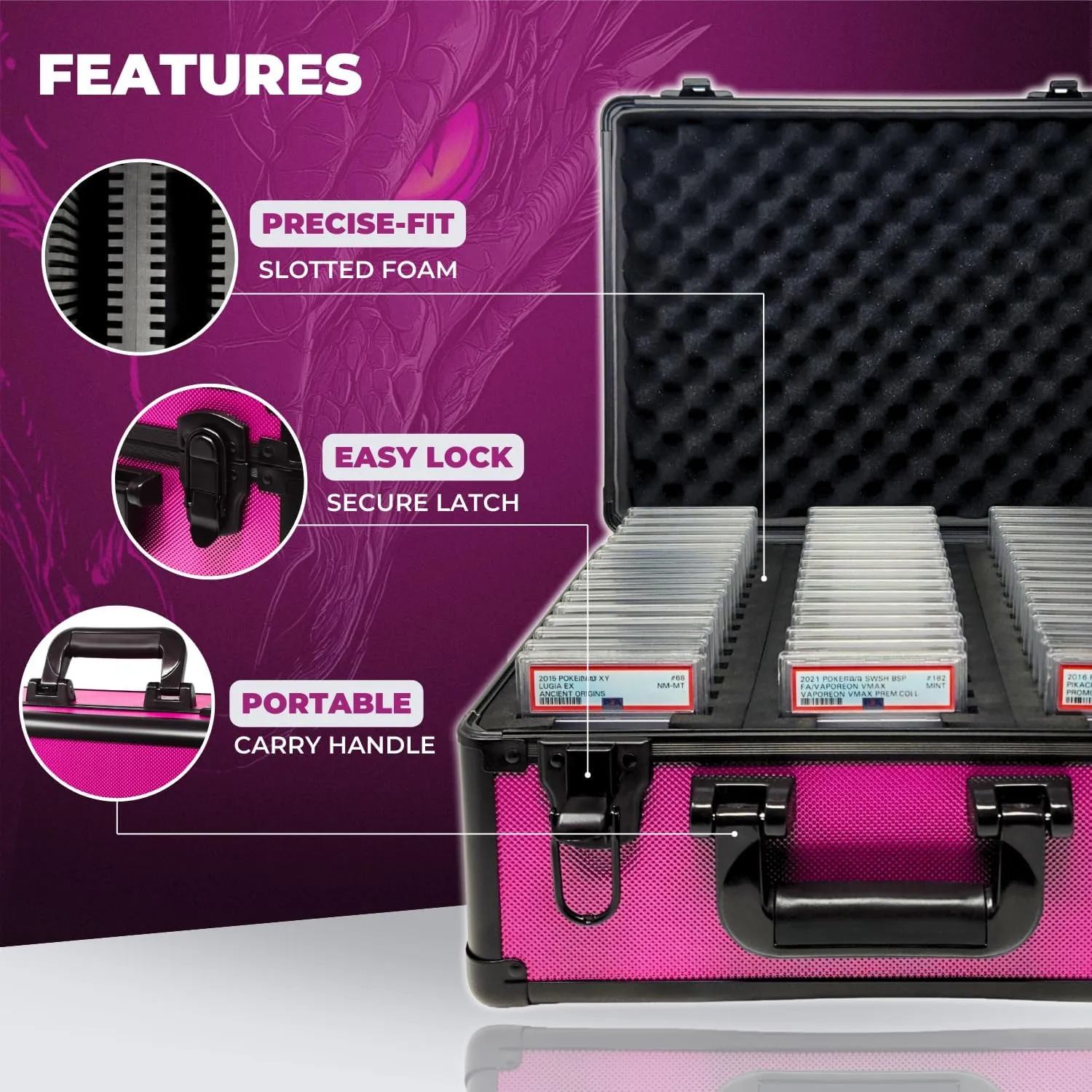 Precision Metal Slab Case – Holds 45 Graded Sports and Trading Cards – Durable Aluminum Storage Box for PSA, BGS, CGC Slabs – XL-45 Pink