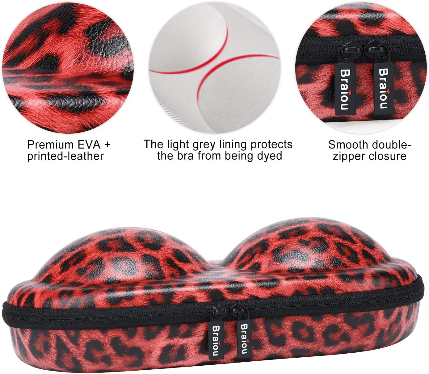 Premium Bra Case Braiou Lingerie Travel Bag Zip Underwear Organizer Bag for A-DD Cup [Leopard Print] (Red)