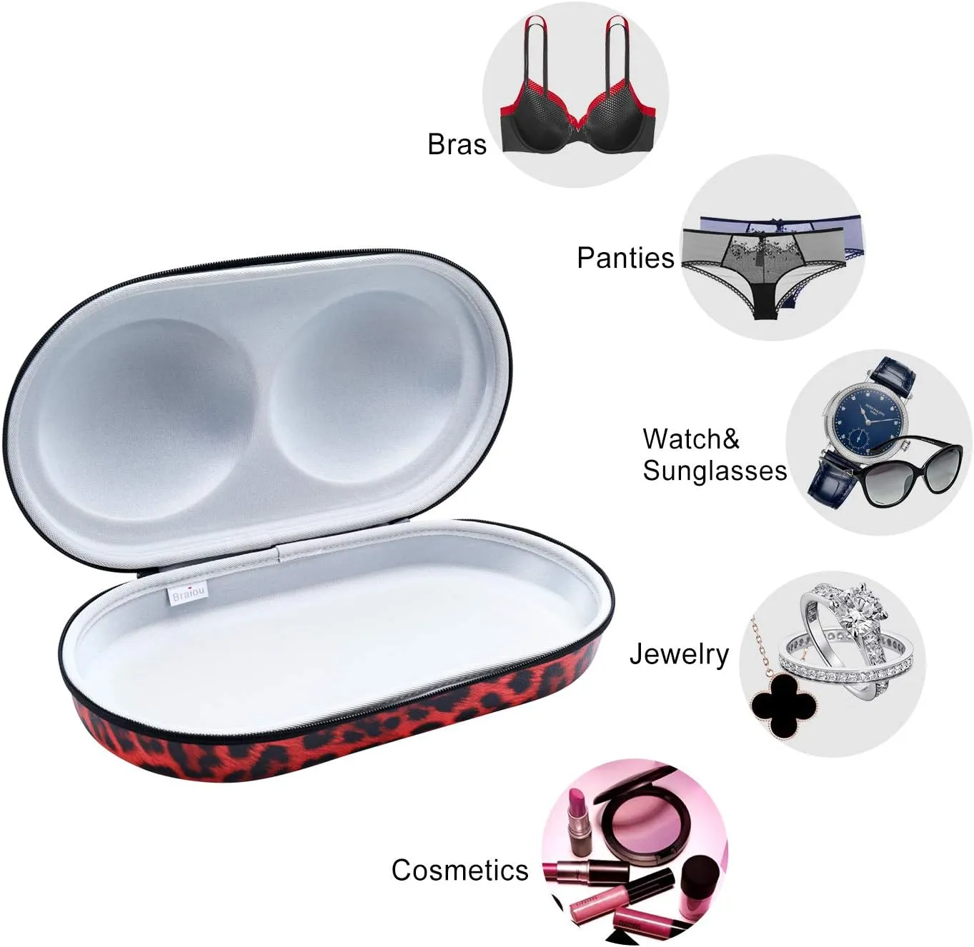 Premium Bra Case Braiou Lingerie Travel Bag Zip Underwear Organizer Bag for A-DD Cup [Leopard Print] (Red)