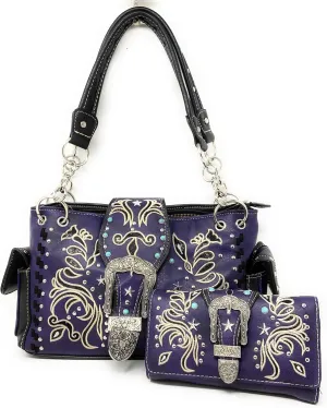 Premium Rhinestone Buckle Concho Handbag, Wallet Set in 3 colors