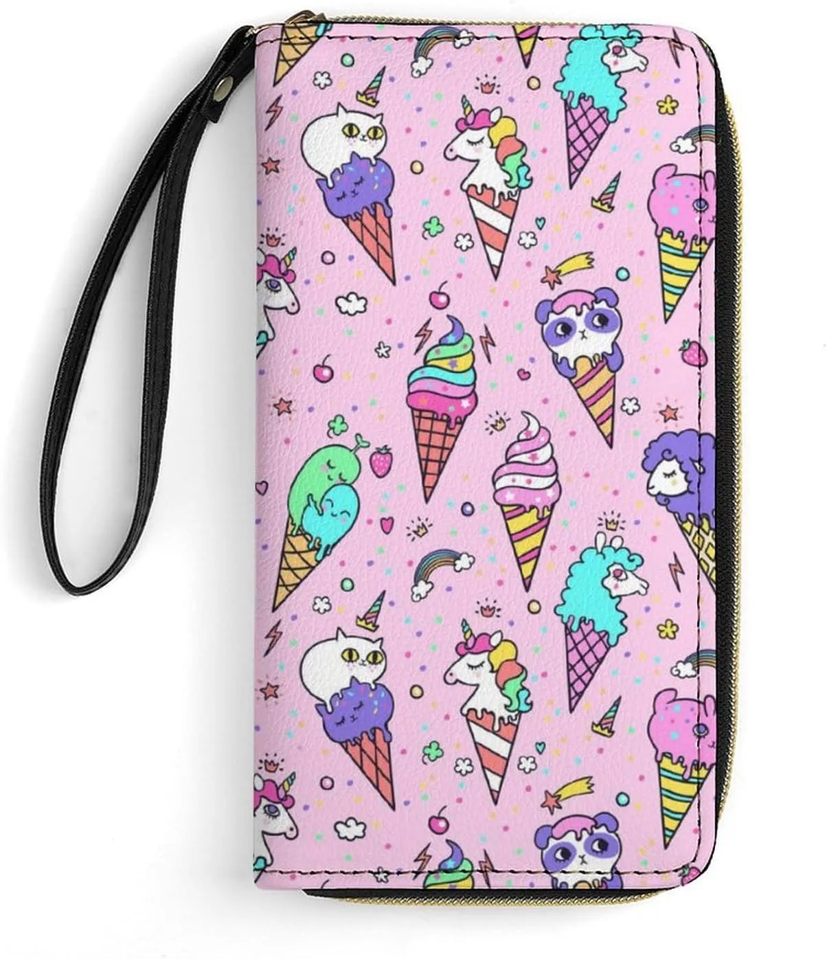 PU Leather Long Wallet, Waterproof Zipper Credit Card Holder Cute Animals Ice Cream Panda Cat Unicorn Pink Compact Card Organizer with Multiple Slots