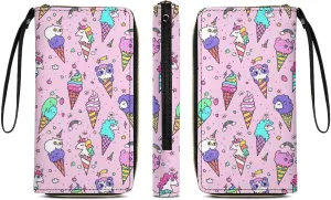 PU Leather Long Wallet, Waterproof Zipper Credit Card Holder Cute Animals Ice Cream Panda Cat Unicorn Pink Compact Card Organizer with Multiple Slots
