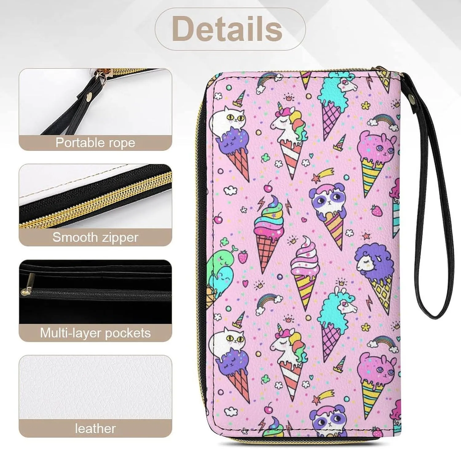PU Leather Long Wallet, Waterproof Zipper Credit Card Holder Cute Animals Ice Cream Panda Cat Unicorn Pink Compact Card Organizer with Multiple Slots