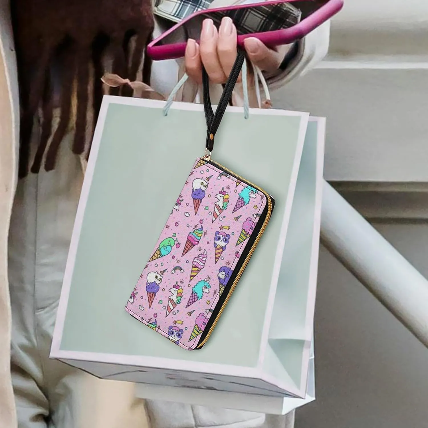 PU Leather Long Wallet, Waterproof Zipper Credit Card Holder Cute Animals Ice Cream Panda Cat Unicorn Pink Compact Card Organizer with Multiple Slots
