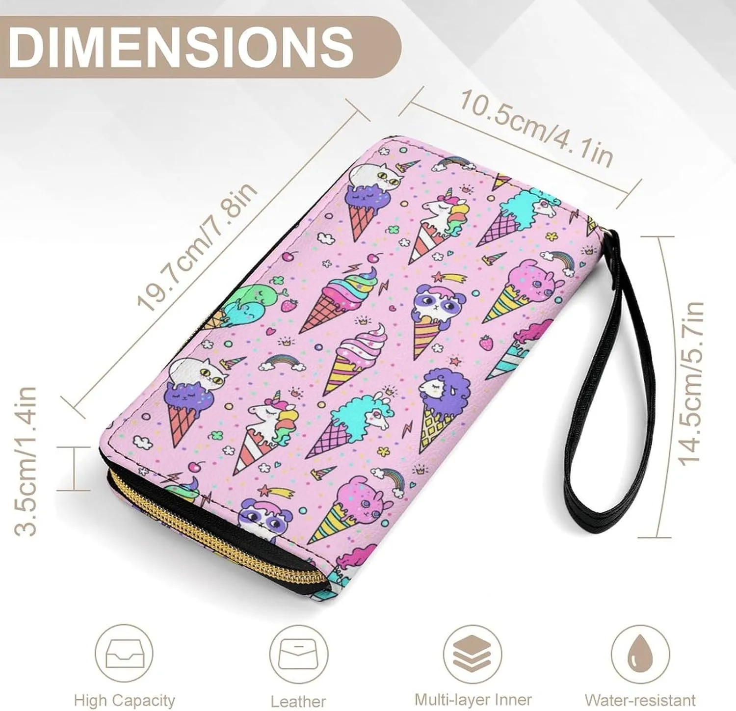 PU Leather Long Wallet, Waterproof Zipper Credit Card Holder Cute Animals Ice Cream Panda Cat Unicorn Pink Compact Card Organizer with Multiple Slots