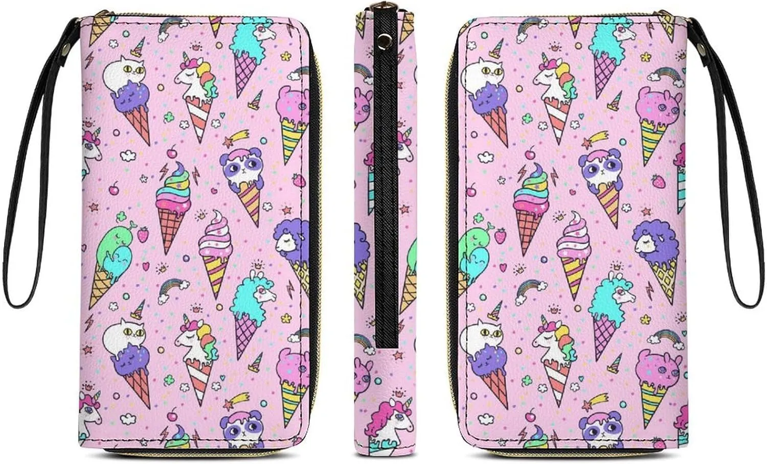 PU Leather Long Wallet, Waterproof Zipper Credit Card Holder Cute Animals Ice Cream Panda Cat Unicorn Pink Compact Card Organizer with Multiple Slots