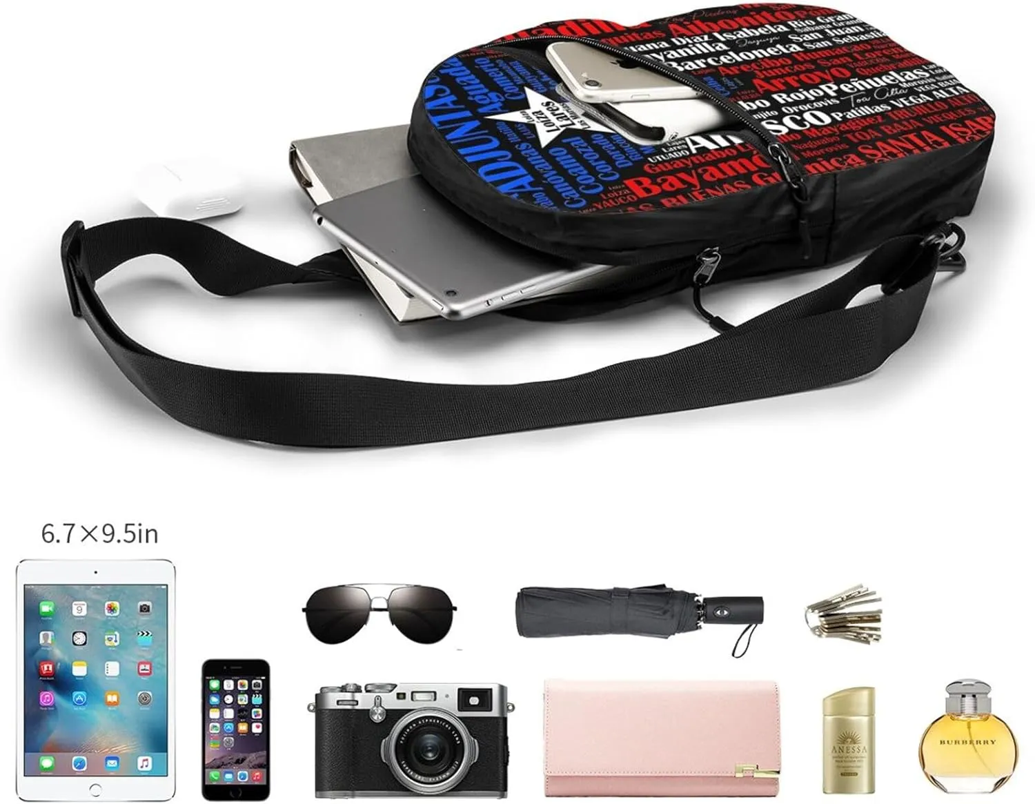 Puerto Rican Flag Towns Cities Of Puerto Rico Portable Crossbody Bag Foldable Sling Bags Sports Gym Chest Daypack Reusable Shoulder Backpack Casual Diagonally Rucksack Fanny Packs
