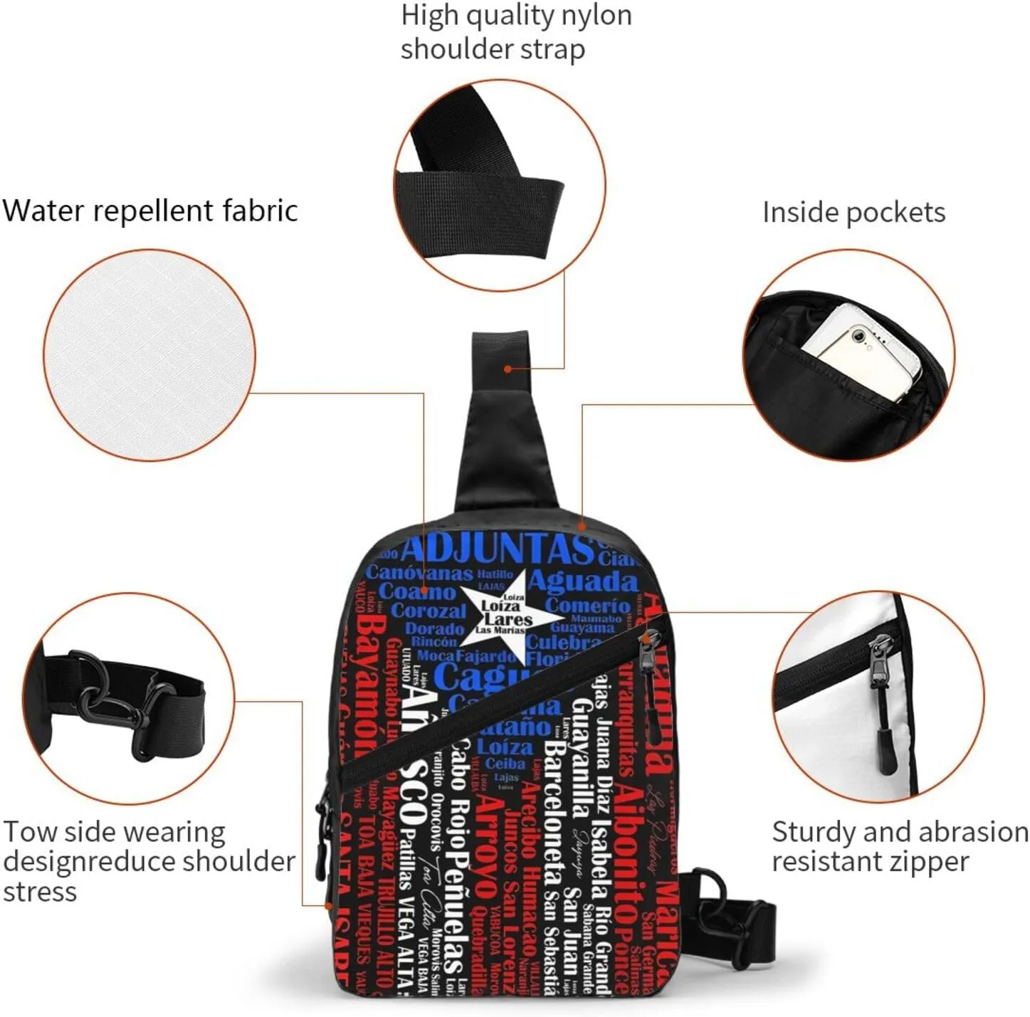 Puerto Rican Flag Towns Cities Of Puerto Rico Portable Crossbody Bag Foldable Sling Bags Sports Gym Chest Daypack Reusable Shoulder Backpack Casual Diagonally Rucksack Fanny Packs