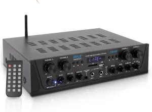 Pyle 500W Karaoke Wireless Bluetooth Amplifier - 4 Channel Stereo Audio Home Theater Speaker Sound Power Receiver w/AUX in, FM, RCA Subwoofer Speakers Out, USB, Microphone in w/Echo - Pyle PTA44BT.5