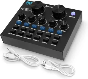 Pyle PKSCRD208 Bluetooth Mini Audio Interface Podcast Mixer Sound Card - Live Streaming for PC Computer iPhone Broadcasting | Voice Changer V8 with 12 Sound Effects,3 Inputs, Mic Input