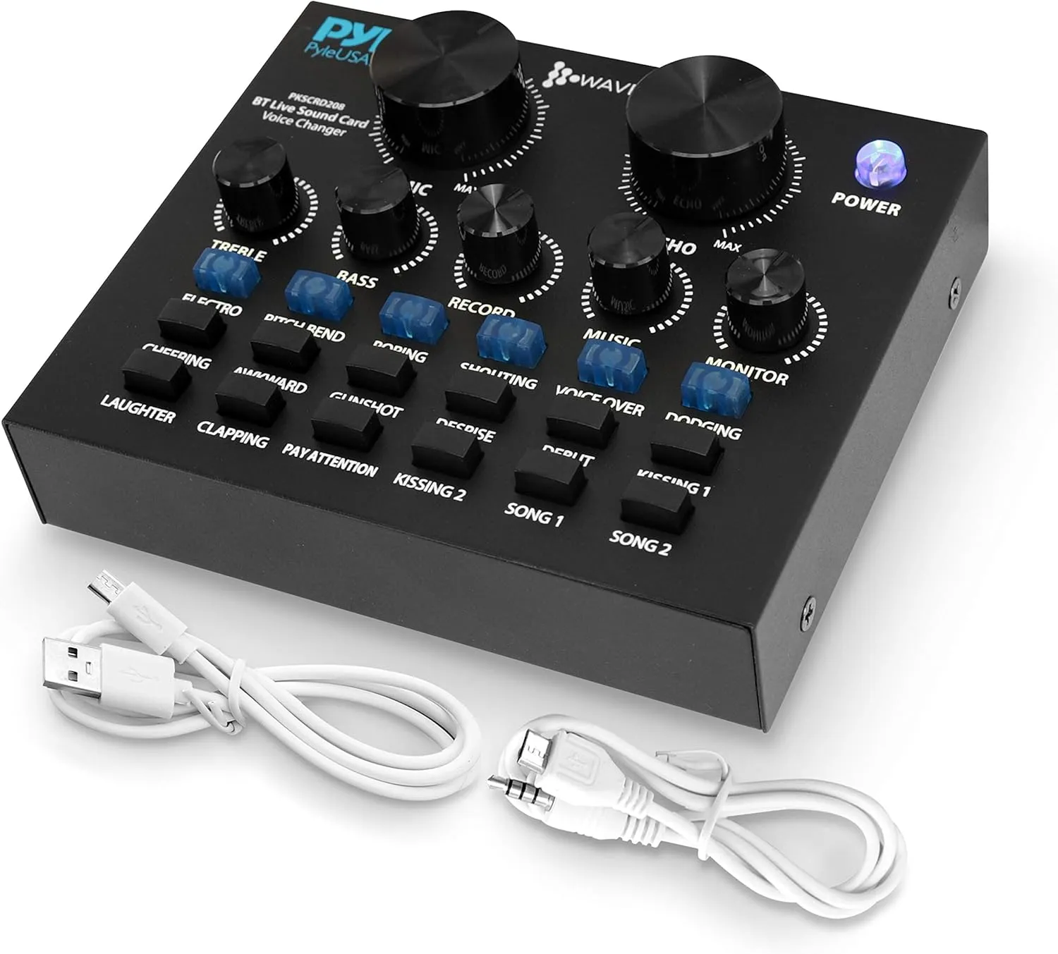 Pyle PKSCRD208 Bluetooth Mini Audio Interface Podcast Mixer Sound Card - Live Streaming for PC Computer iPhone Broadcasting | Voice Changer V8 with 12 Sound Effects,3 Inputs, Mic Input