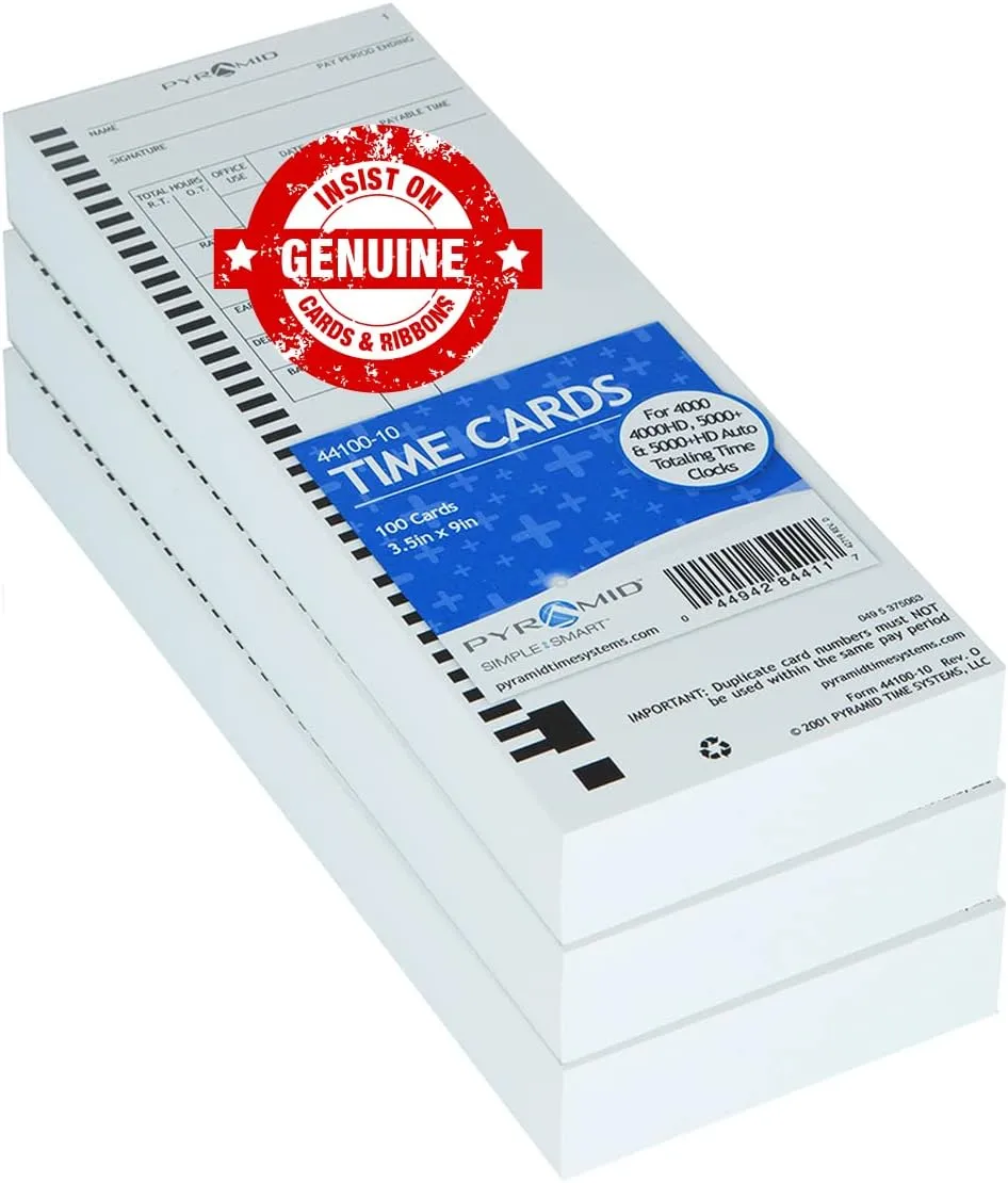 Pyramid Time System - Authentic Time Cards [44100-10PK3] for Pyramid 4000, 4000ProK, 4000HD, 5000 & 5000HD Series, Time Sheets for Auto Totaling Time Clocks (3.5 x 9 in) - 300 Time Cards - White