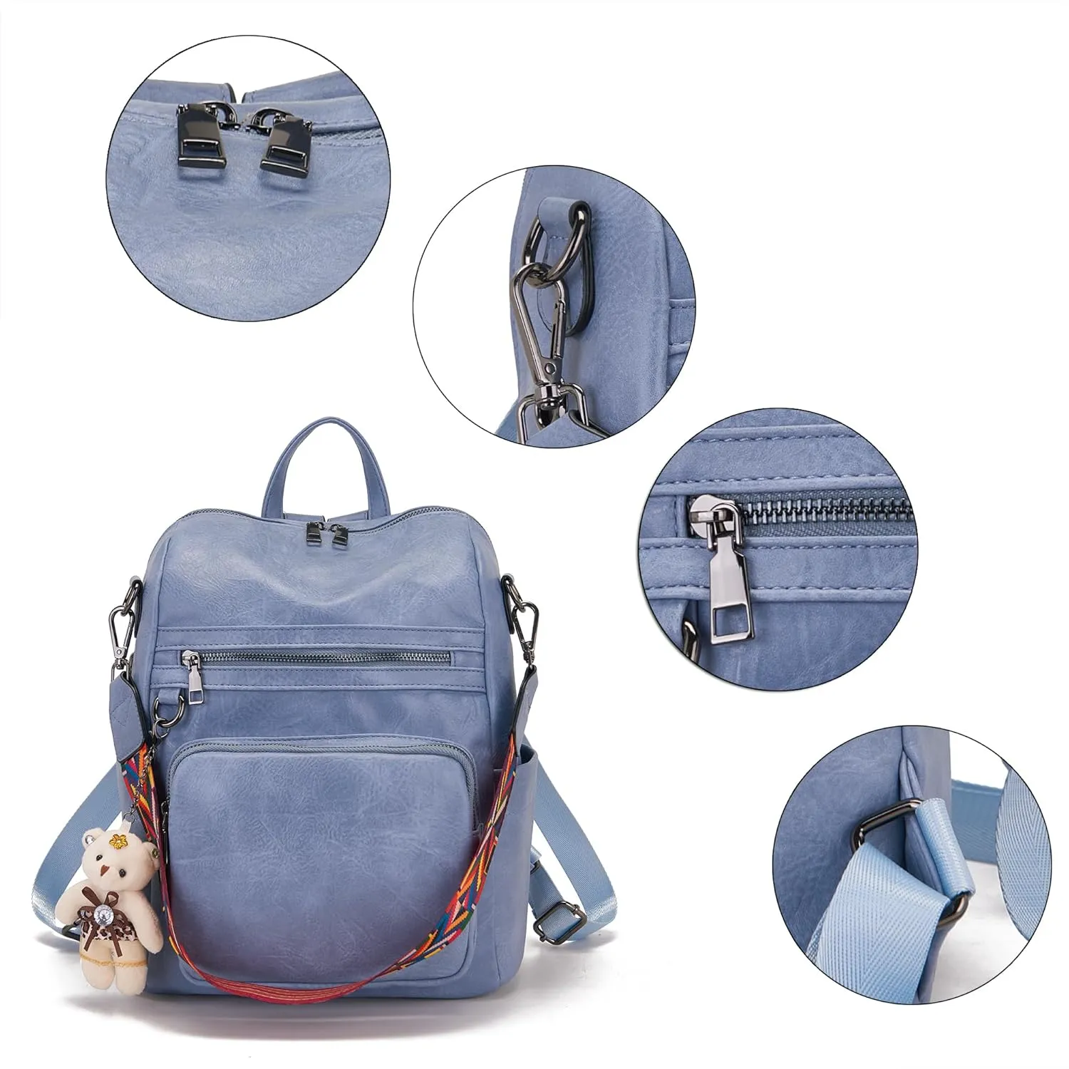 Qiyuer Women's Fashion PU Leather Backpack Purse for Women Designer Ladies Travel Convertible Shoulder Bag Blue