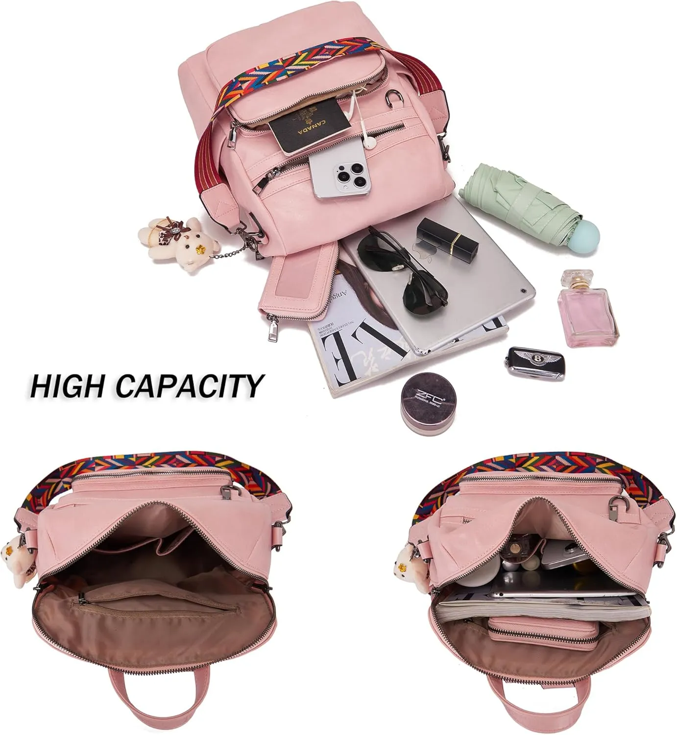 Qiyuer Women's Fashion PU Leather Backpack Purse for Women Designer Ladies Travel Convertible Shoulder Bag LightPink