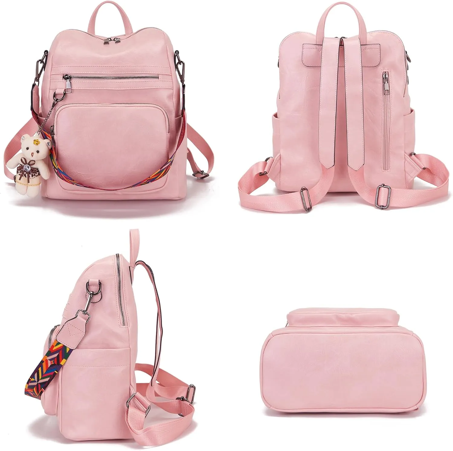 Qiyuer Women's Fashion PU Leather Backpack Purse for Women Designer Ladies Travel Convertible Shoulder Bag LightPink
