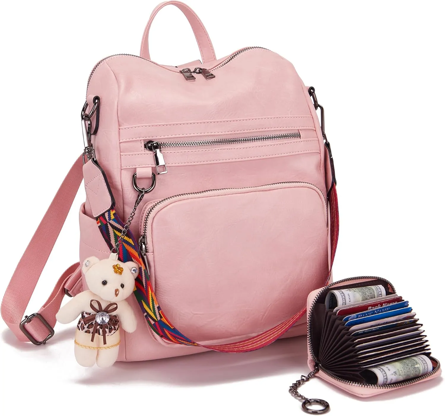 Qiyuer Women's Fashion PU Leather Backpack Purse for Women Designer Ladies Travel Convertible Shoulder Bag LightPink