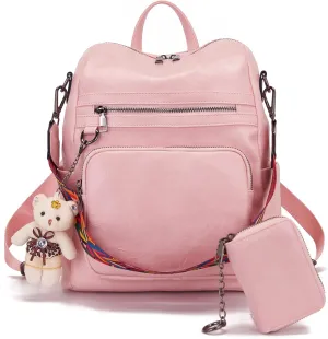 Qiyuer Women's Fashion PU Leather Backpack Purse for Women Designer Ladies Travel Convertible Shoulder Bag LightPink