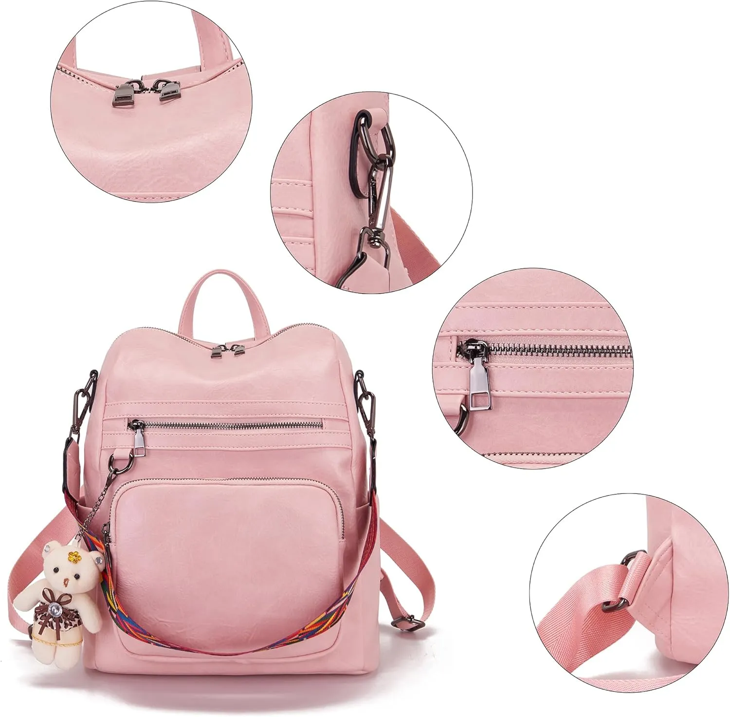 Qiyuer Women's Fashion PU Leather Backpack Purse for Women Designer Ladies Travel Convertible Shoulder Bag LightPink