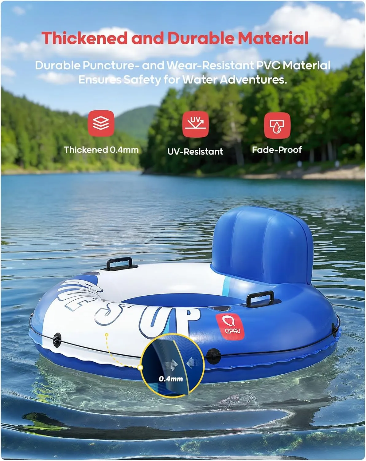 QPAU Inflatable River Tube, 0.4 mm Thickened Puncture-Resistant Heavy Duty River Float, River Raft with Ergonomic Backrest, Mesh Bottom & 2 Cup Holders for Family Friends Lake Float