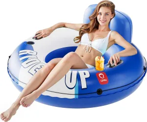 QPAU Inflatable River Tube, 0.4 mm Thickened Puncture-Resistant Heavy Duty River Float, River Raft with Ergonomic Backrest, Mesh Bottom & 2 Cup Holders for Family Friends Lake Float