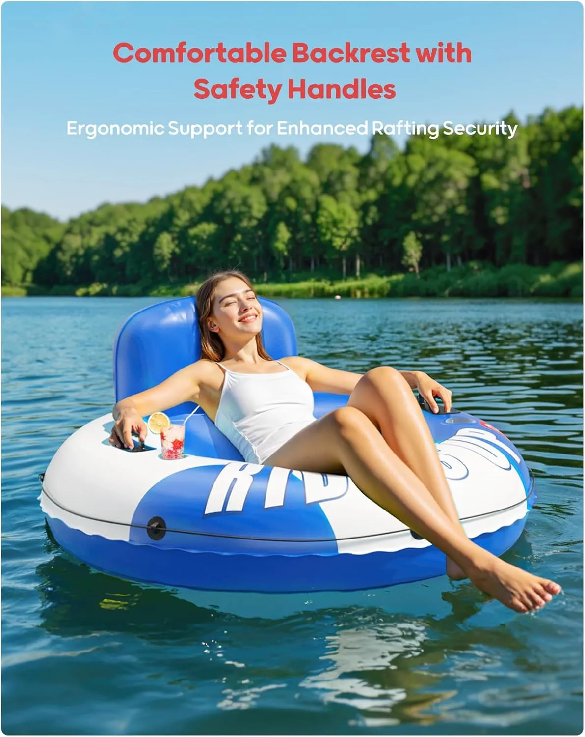 QPAU Inflatable River Tube, 0.4 mm Thickened Puncture-Resistant Heavy Duty River Float, River Raft with Ergonomic Backrest, Mesh Bottom & 2 Cup Holders for Family Friends Lake Float