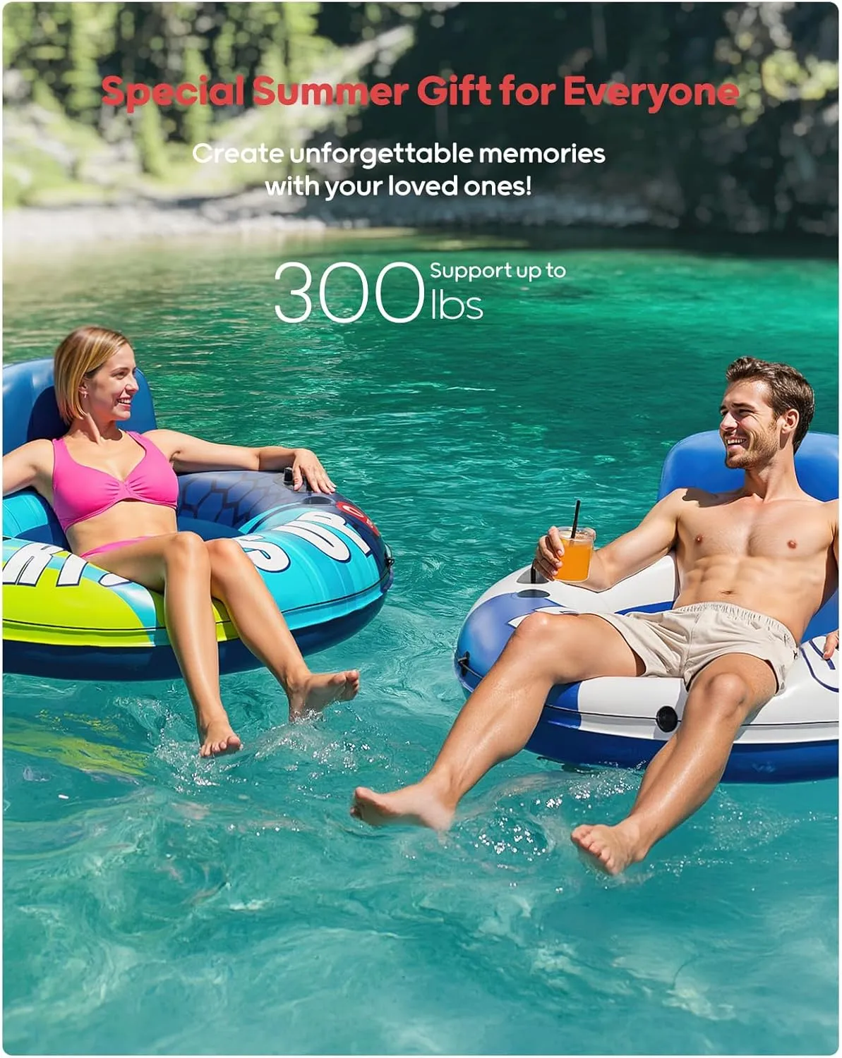 QPAU Inflatable River Tube, 0.4 mm Thickened Puncture-Resistant Heavy Duty River Float, River Raft with Ergonomic Backrest, Mesh Bottom & 2 Cup Holders for Family Friends Lake Float
