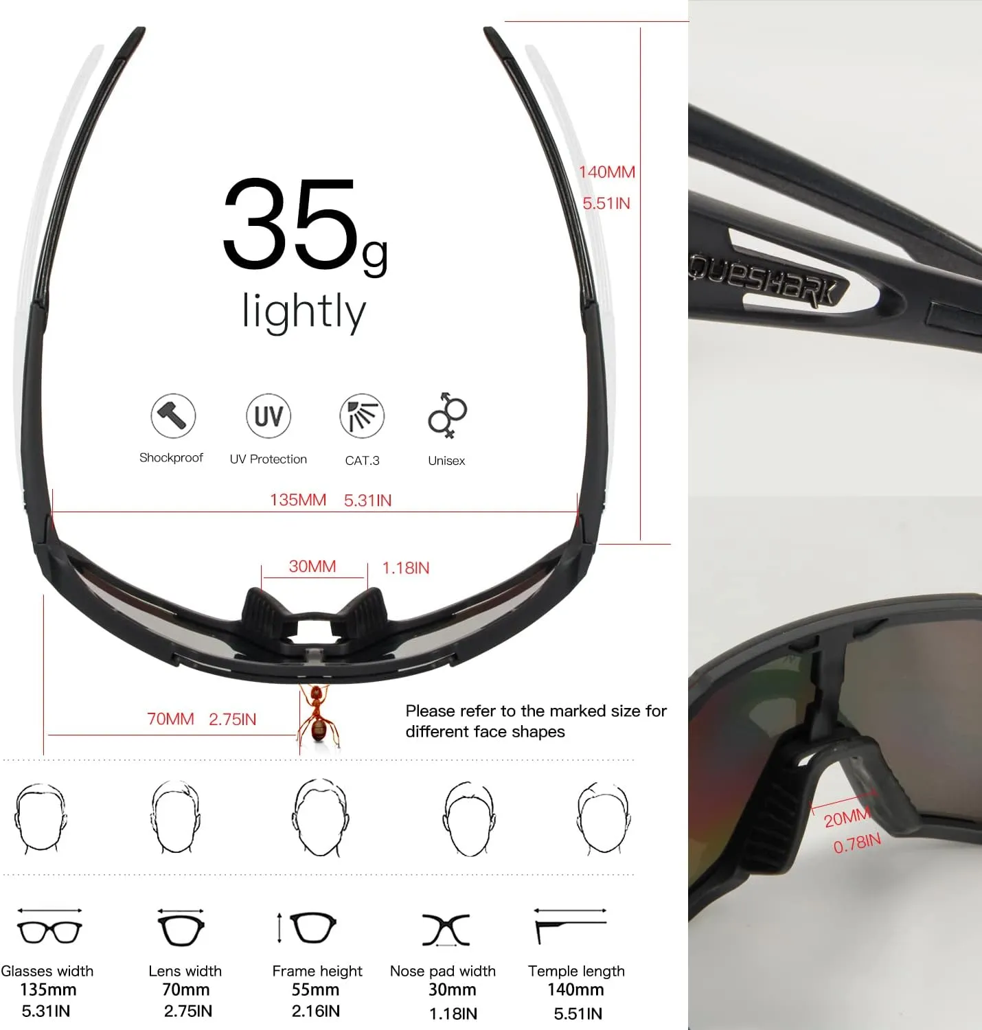 Queshark Cycling Glasses, Sports Sunglasses for Men Women, 1 Polarized 2 HD Lens, Polarized Sunglasses for Cycling Running