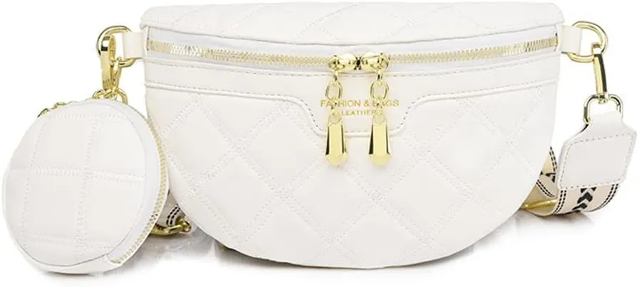 Quilted Fanny Pack with Coin Purse Small Crossbody Sling Purse Women Shoulder Chest Bag with Coin Pouch (White)