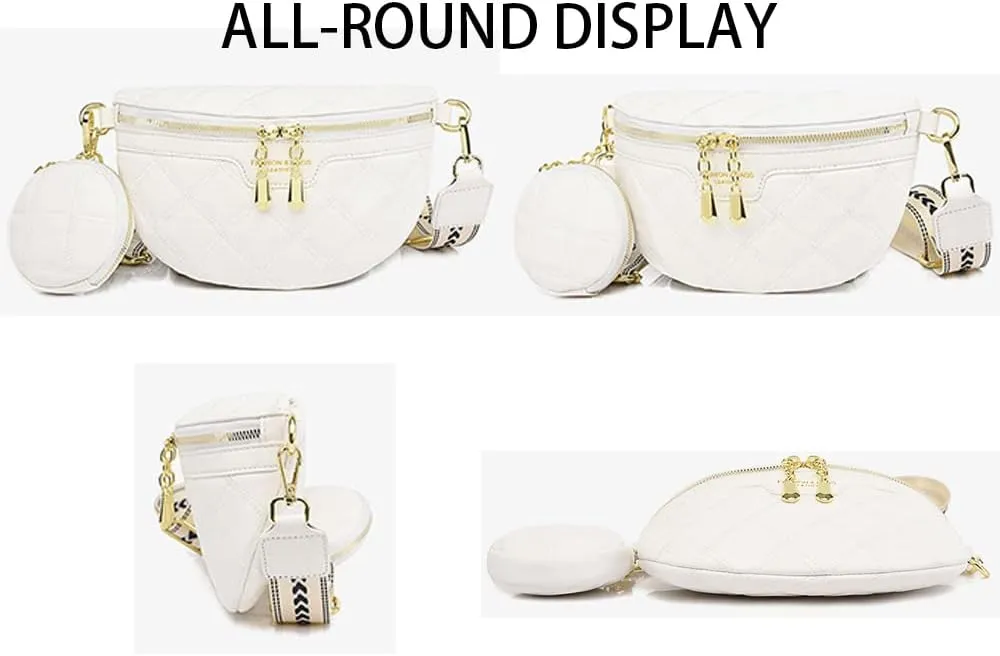 Quilted Fanny Pack with Coin Purse Small Crossbody Sling Purse Women Shoulder Chest Bag with Coin Pouch (White)